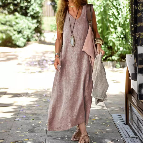 Plus Size Women's New Cross-border European and American New Dress Independent Station Summer Dress Cotton Linen Color Fashion Slim 