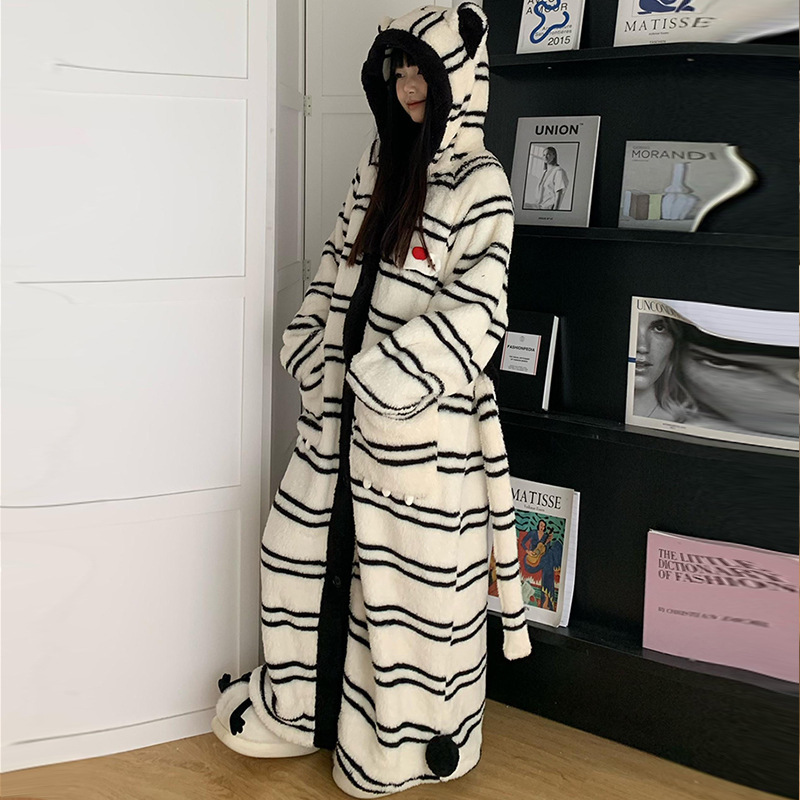 冬天珊瑚绒睡袍秋冬款女加绒加厚连帽睡裙浴袍家居服大码睡衣外套|undefined