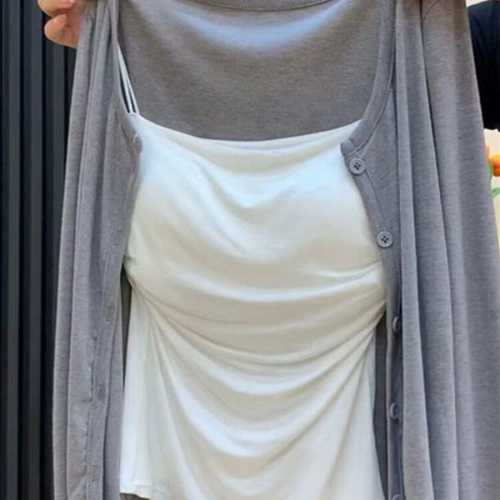 Women's Summer Grey Knitted Sun Protection Cardigan Coat with Small Shawl, Pair with Camisole Dress, Outerwear with Sheer Ice Silk Blouse