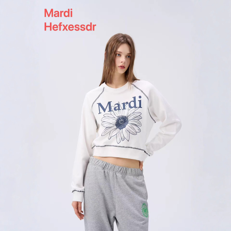 Korean Style New Mardi Hefxessdr Sweatshirt for Women, Linen Silk Short Style with Daisy Print, Casual Round Neck Top