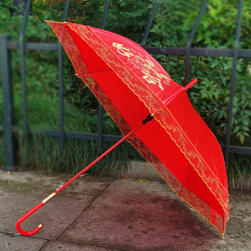 Wholesale Bridal Umbrella Wedding Big Red Lace Long Handle Umbrella Festive Wedding Sunny Umbrella Sunscreen Back to Mother's Home