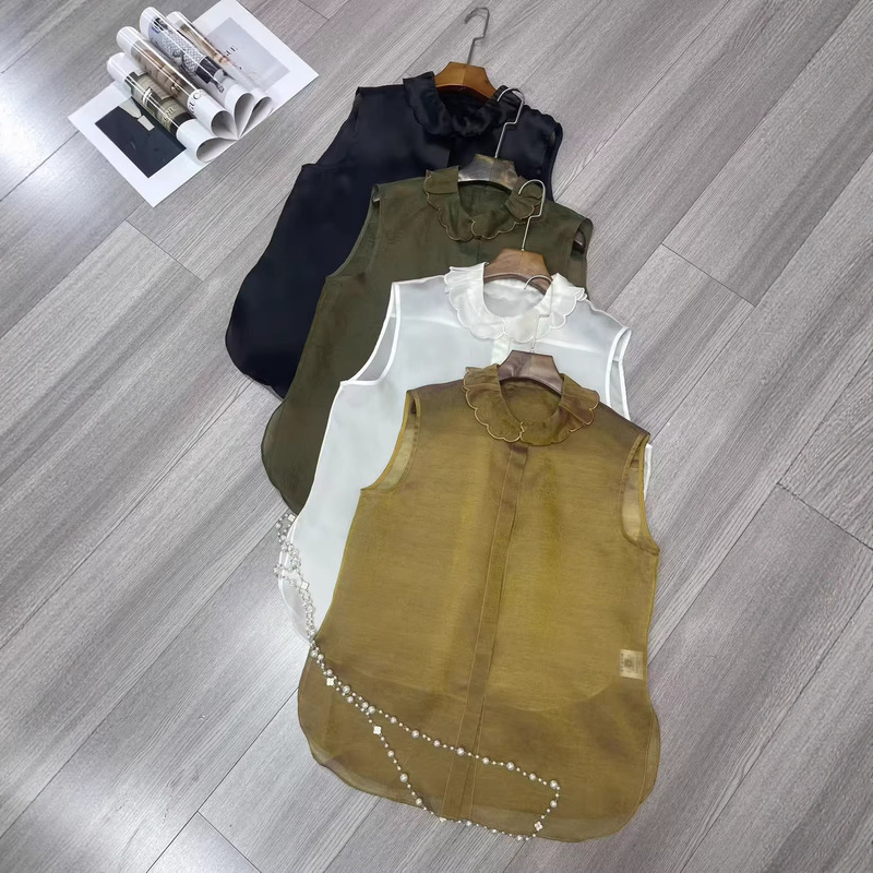 2026 Lace Collar Silk Organza Top with Lace Design at the Neckline, Youthful and Playful Layered Tank Top Blouse 2026 Lace Collar Silk Organza Top with Lace Design at the Neckline, Youthful and Playful Layered Tank Top Blouse