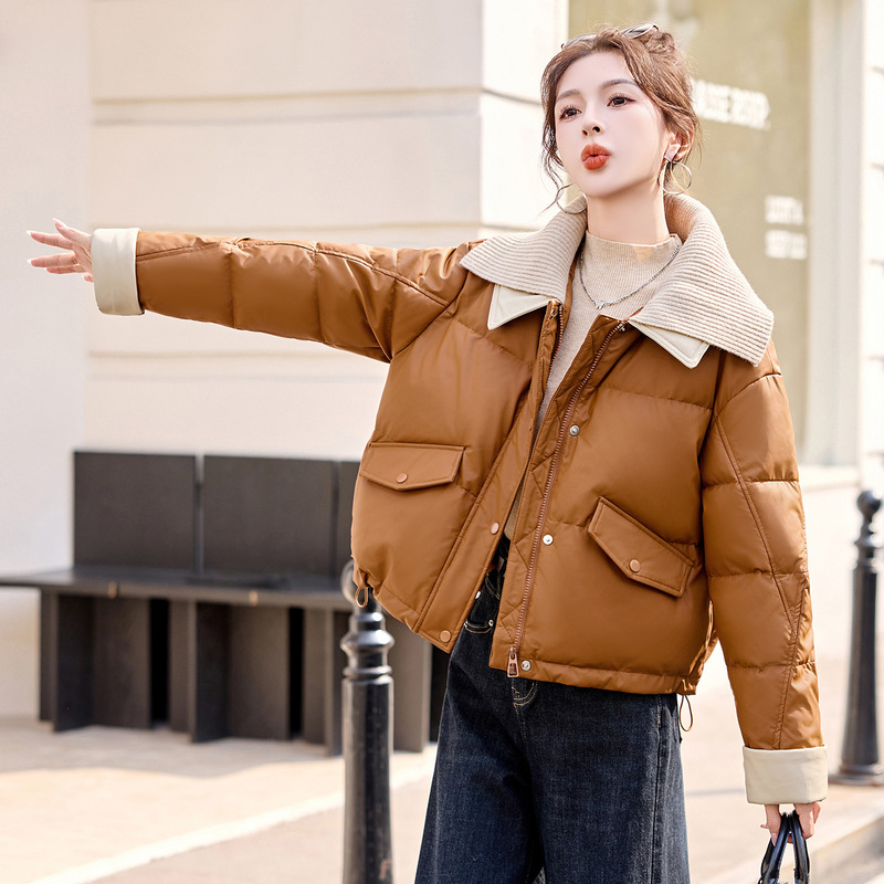 2025 New Winter down Jacket Women's Short Knitted Lapel Pu Leather Bread Jacket Fashion Jacket Mz14