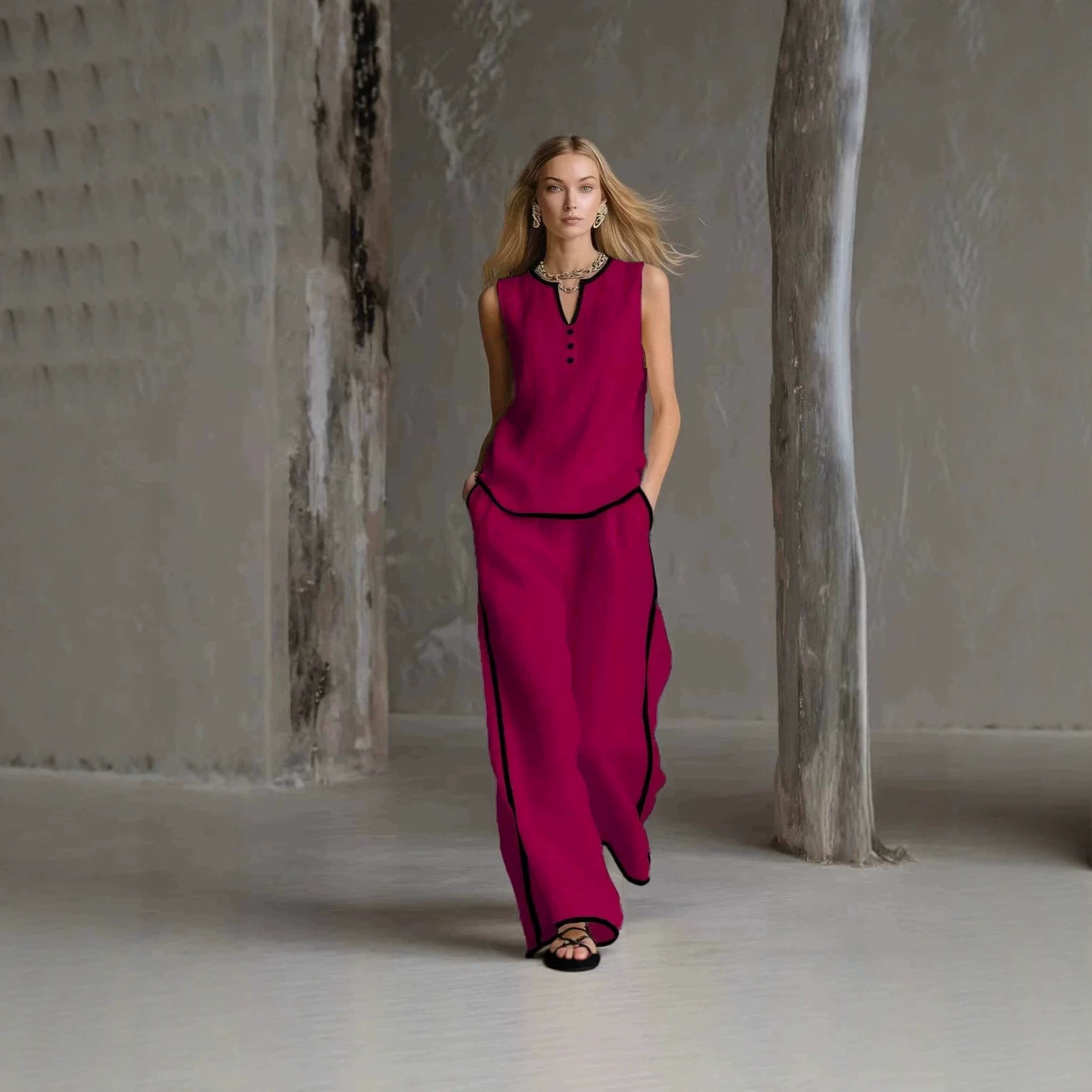 Summer Women's Sleeveless V Neck Color Block Wide Leg Pants Set Style Casual Fashion Solid Two Piece_ecoleips.com