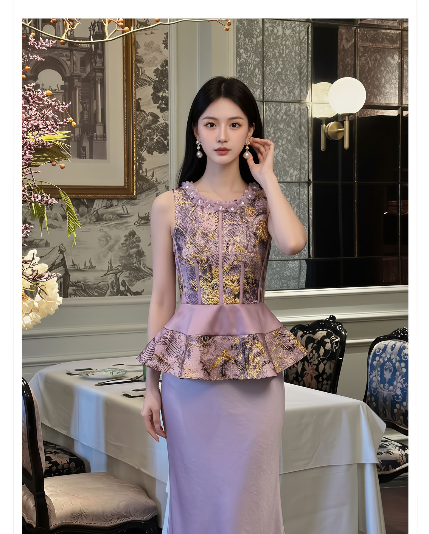 Bộ set nữ quốc phong gồm áo gile hoa văn + áo khoác cardigan + chân váy trơn — Bộ ba mảnh, Trang chủ, bộ hai mảnh, áo khoác chi tiết 3