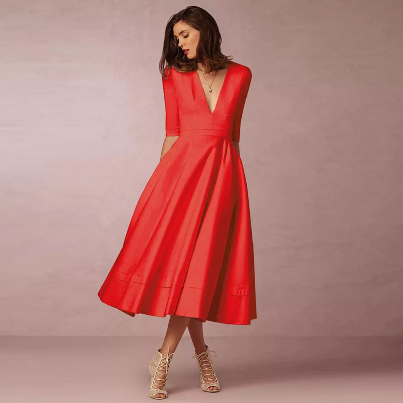 European and American High-End Autumn and Winter New Sexy Deep Mid-Sleeve Dress Popular Mid-Length Skirt European and American High-End Autumn and Winter New Sexy Deep Mid-Sleeve Dress Popular Mid-Length Skirt
