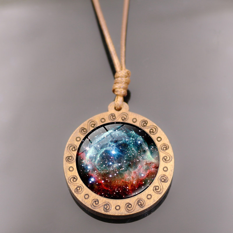 Cosmic Galaxy Nebula Time Gem Wood Pendant Necklace Retro Brown Wax Rope Woolen Chain Jewelry Wholesale