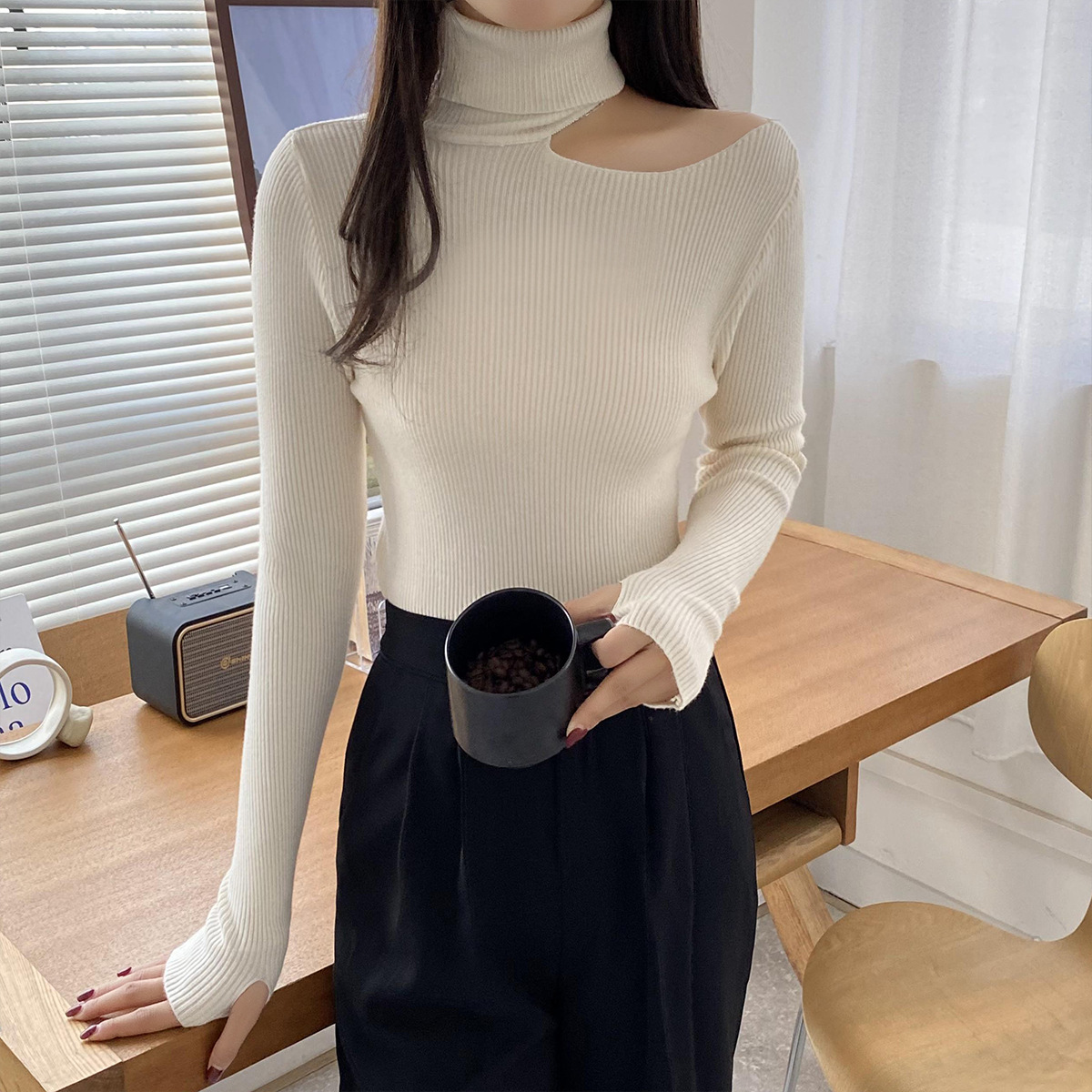 High-Necked Long-Sleeved Hollow Sweater NSFYF85683