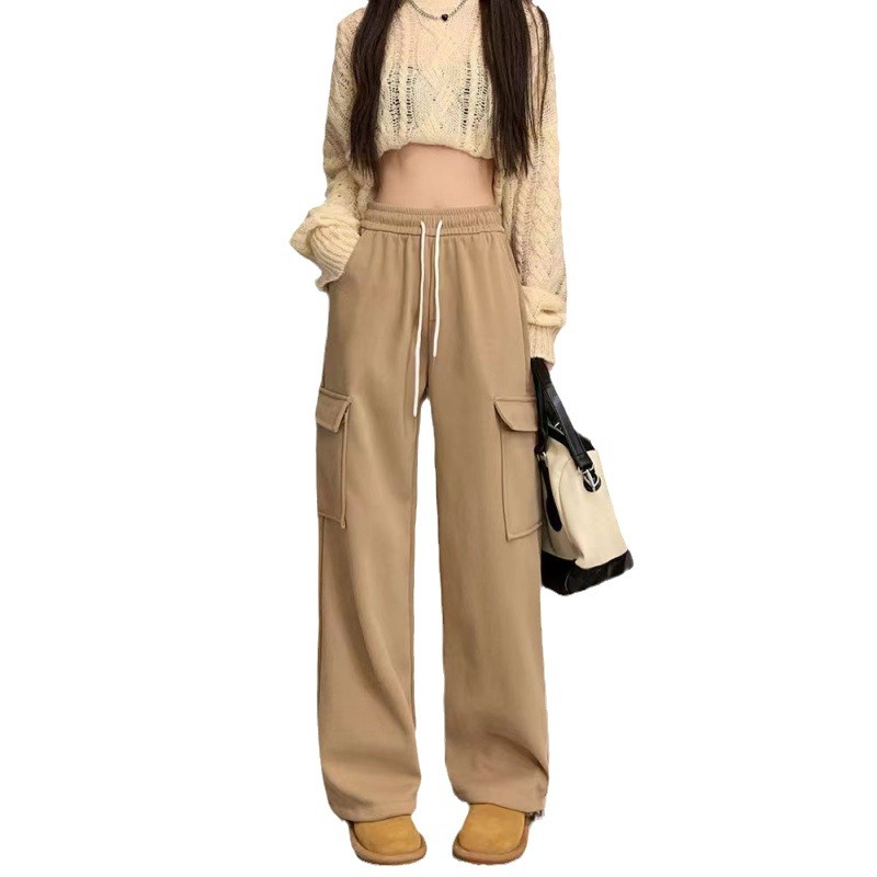 Pantalones cargo casuales de cintura alta para mujer, nuevo estilo de otoño, estilo retro americano, largos hasta el suelo, pantalones anchos de pierna recta que estilizan.