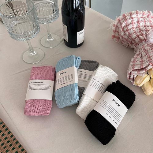 plusox秋冬新款纯色及膝袜小腿袜加厚甜美双针堆堆袜子长筒诸暨袜