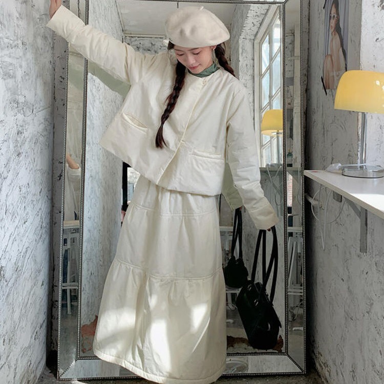 冬季新款韩系学院风套装时尚百搭棉服外套夹棉宽松显瘦高腰半身裙