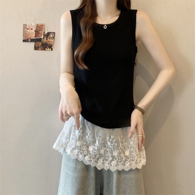 Plus-Size Elegant Lace Patchwork Tank Top for Women, Spring/Summer 2026 New Style, Loose Fit, Slimming, Tummy-Covering, Versatile Layering Top for Women