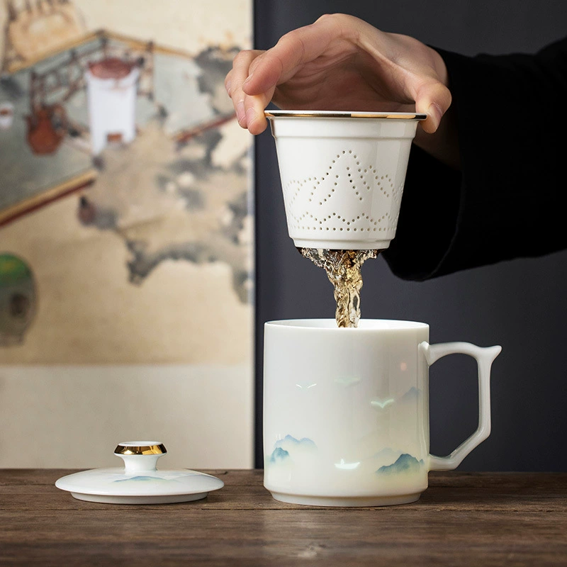 Qianli Jiangshan изысканная керамическая чашка для чая с крышкой, чашка для разделения воды, офисная чашка с фильтром для чая, бытовая чашка для воды