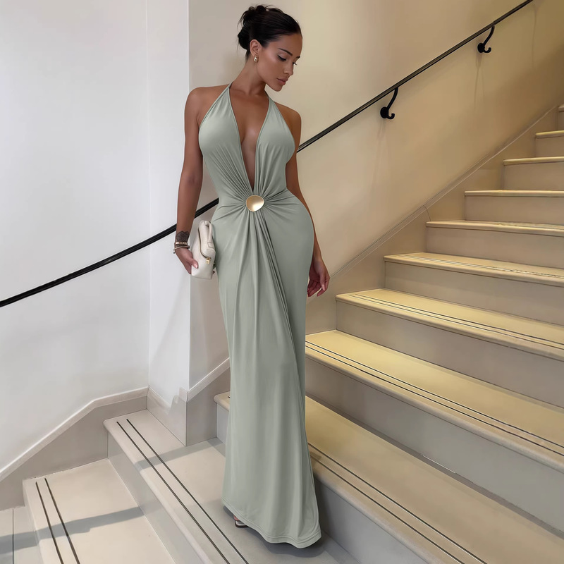European and American Foreign Trade Women's Halter Neck Deep V Long Dress, Cross-Border Hot-Selling Sexy Evening Gown, Waist-Cinching Long Dress Wholesale