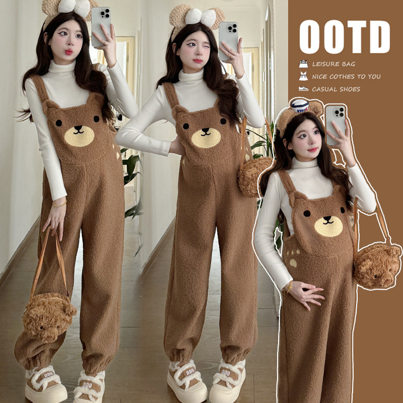 2025 가을 겨울 대형 사이즈 임산부복 플러스 벨벳 귀여운 곰 오버올 + 두꺼운 바닥 투피스 세트