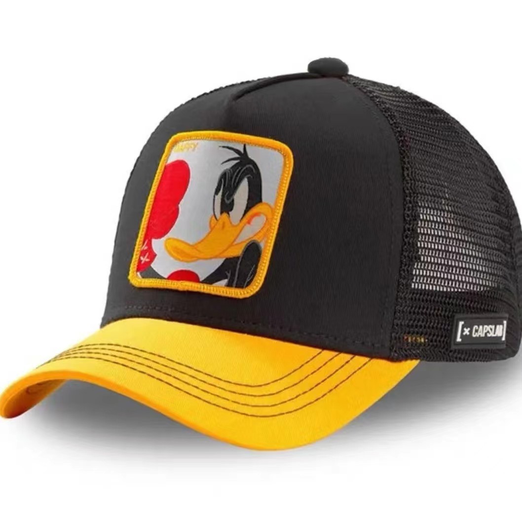 2024 nueva gorra bordada de anime de pato de dibujos animados, gorra de conductor de camión, gorra de béisbol de malla extraña de boca grande