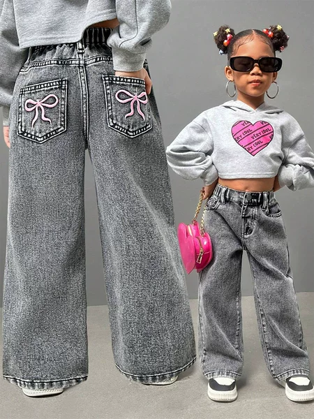 26 Cross-Border Popular Amazon Girls' Bowknot Embroidered Jeans Sweet and Spicy Style High-Waisted Straight-Leg Loose Pants