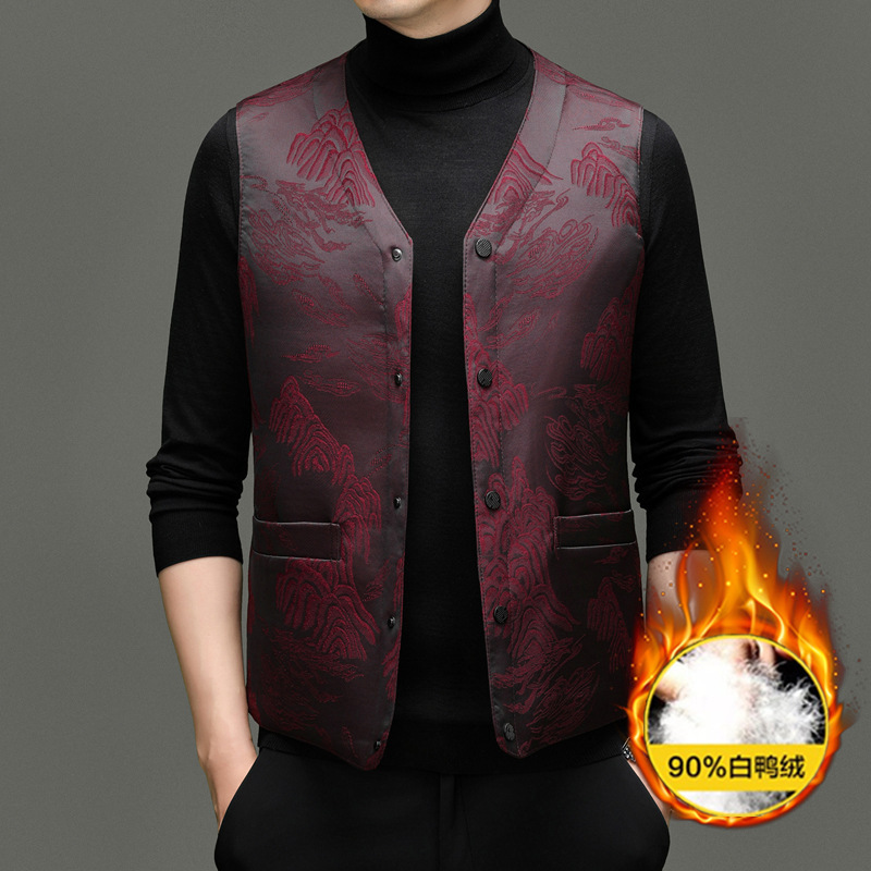 Down Vest Men's Classy Chinese Style V Neck Thickeneded Winter Cold-Proof and Warm Sleeveless Vest Casual Dad Wear