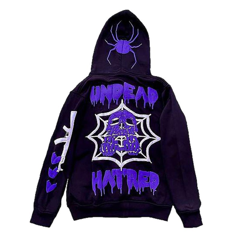 Felpa con cappuccio e stampa in schiuma di ragno color-block con cerniera, stile punk hip-hop Y2K, per uomo e donna_voghion.com