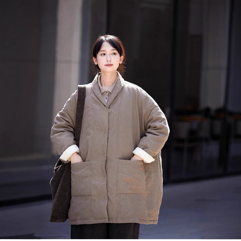 New Winter Buckwheat Color Linen and Paper Warm Loose Women's Chinese down Jacket