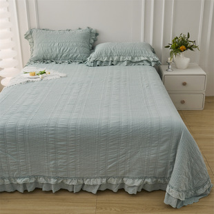 Korean Double-Sided Cotton Sand-Washed Bed Cover Three-Piece Set Pure Color Small Lace Quilted Bed Bed Sheets Summer Quilt Machine Washable Quilted