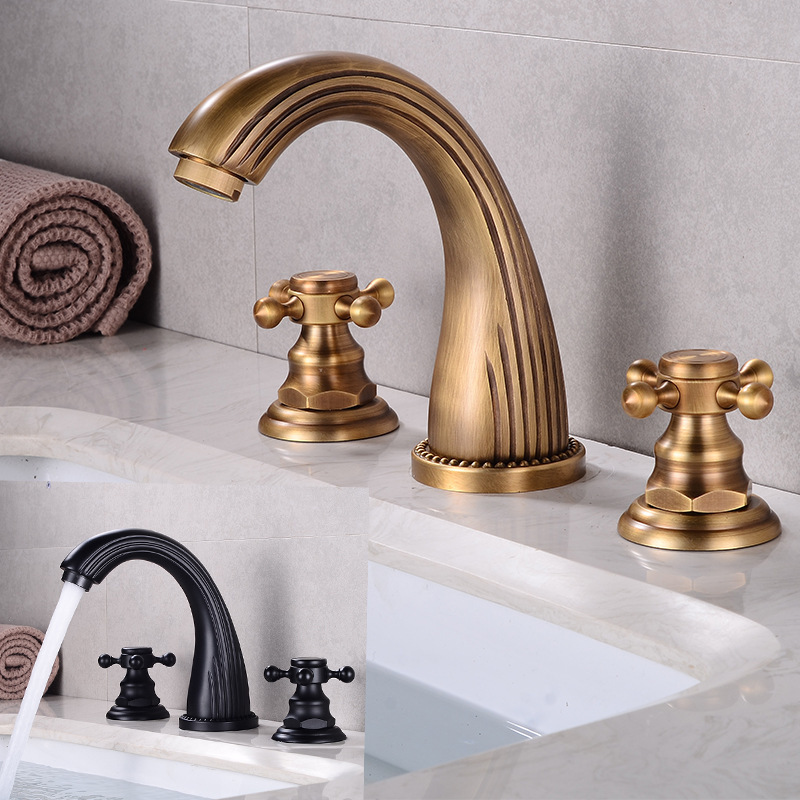 All-Copper Basin Faucet European Pastoral American Antique Retro Split Double-Handle Three-Hole Pressurized Hot and Cold Water Faucet