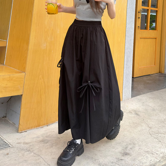 French Style Black Bow Skirt Women's Elegant Umbrella Skirt Summer Sweet High Waist Slimming Large Swing Midi Skirt