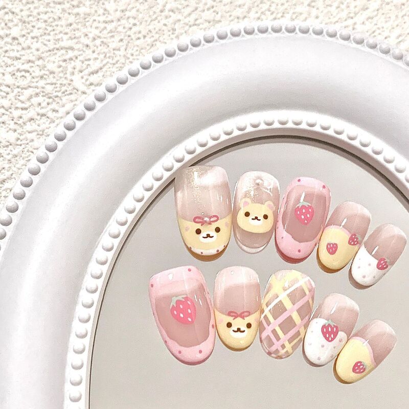 Easy Hand-Painted Cute Ins Style Strawberry Rilakkuma Handmade Patch Manicure Wearable Nail Cartoon Nail Removable Easy Hand-Painted Cute Ins Style Strawberry Rilakkuma Handmade Patch Manicure Wearable Nail Cartoon Nail Removable
