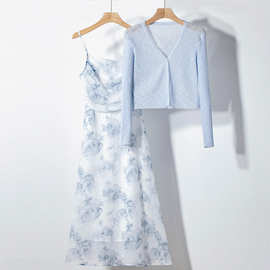 仙女蓝色水墨画森系披肩吊带裙法式气质长裙套装超仙雪纺连衣裙