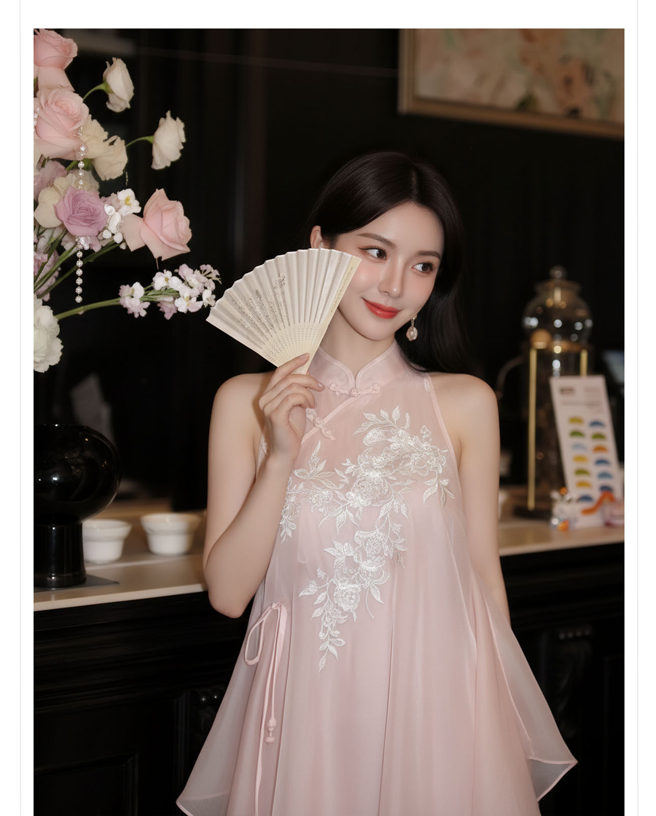 Đầm maxi thêu hoa phong cách Trung Hoa cổ điển, chất vải mỏng nhẹ mùa hè, tay lỡ, thắt eo — hồng chi tiết 8