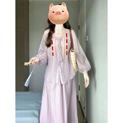 授乳ワンピース夏の辛いお母さん2025新型フランス外出紫シャツ授乳ストラップロングスカートセット