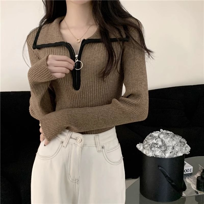 高级感半拉链翻领毛衣女秋冬内搭打底修身显瘦针织衫长袖短款上衣|undefined