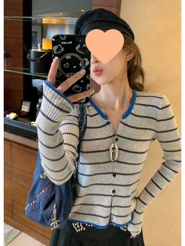 设计感撞色条纹长袖圆领针织开衫女秋季新款修身显瘦外套打底上衣|undefined