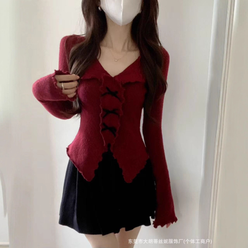 Angola Red V Neck Knitted Bottoming Shirt Women's Autumn 2025 New Christmas and New Year Sweater Bow Top Angola Red V Neck Knitted Bottoming Shirt Women's Autumn 2025 New Christmas and New Year Sweater Bow Top