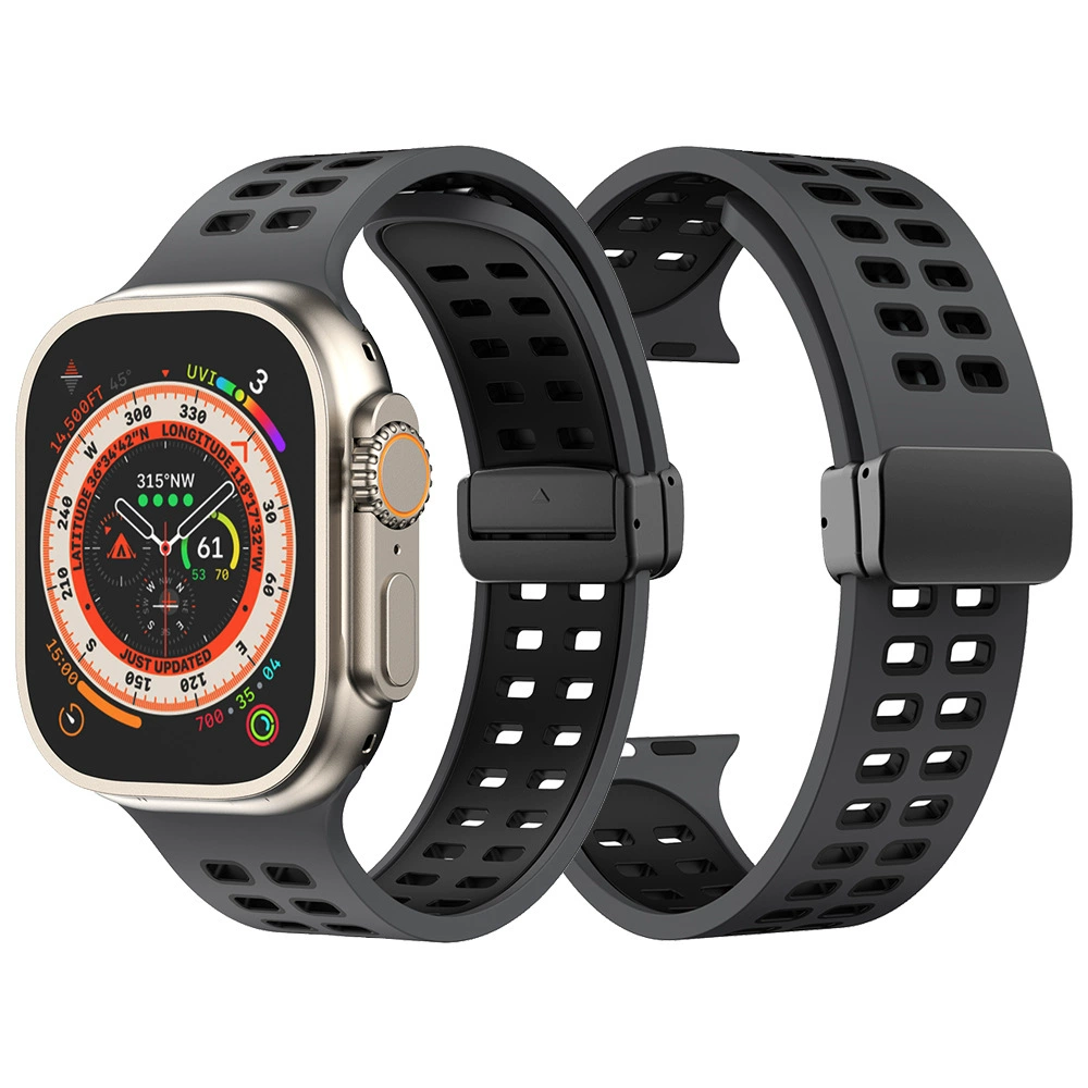 Подходит для Apple Tibetan AppleWatch1-9 поколения складной складной складной магнитный всасывание двойная строка поры двуцветный силиконовый ремешок