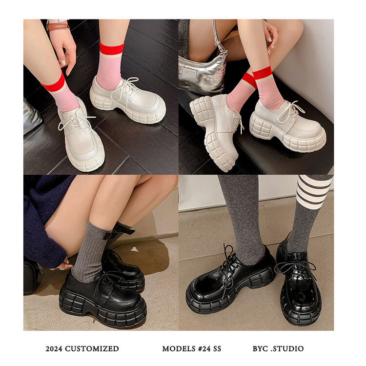 Giày lười nữ da bò phối dây buộc chéo đế xuồng platform phong cách Anh quốc — Màu Đen Hạt mở viền, Màu đen da bò mờ, Màu trắng chi tiết 86