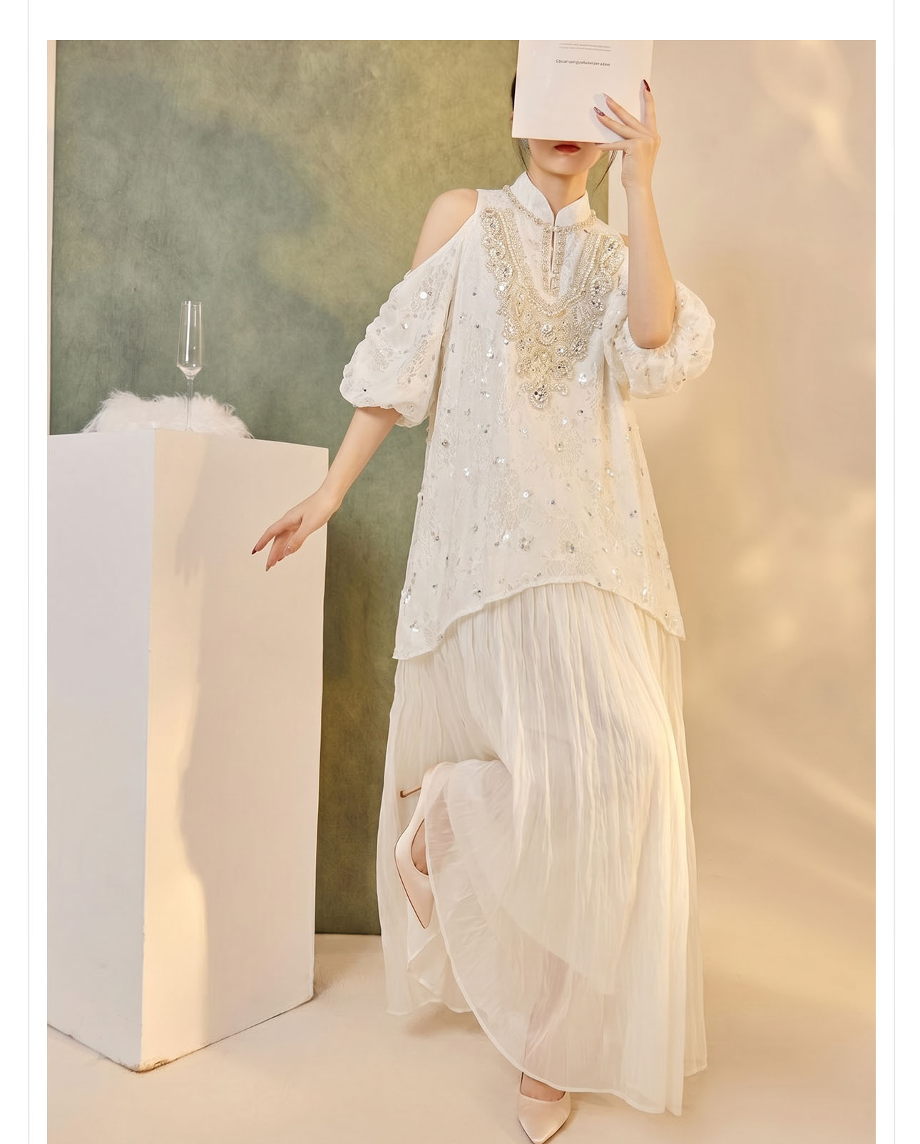 Đầm maxi tay bong bóng mở rộng vai — Tuyết Xanh, Aurora trắng chi tiết 6