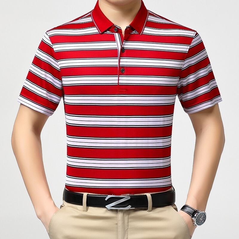 Men's Short-Sleeve Loose Casual Silk Polo Shirt for Middle-Aged Men, Business Style Turn-Down Collar T-Shirt