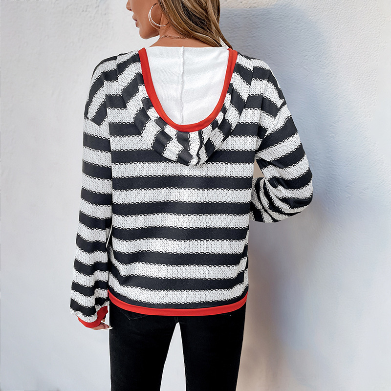 Women Clothing Contrast Color Striped Sweatshirt Autumn Pullover Casual Hooded Top Women