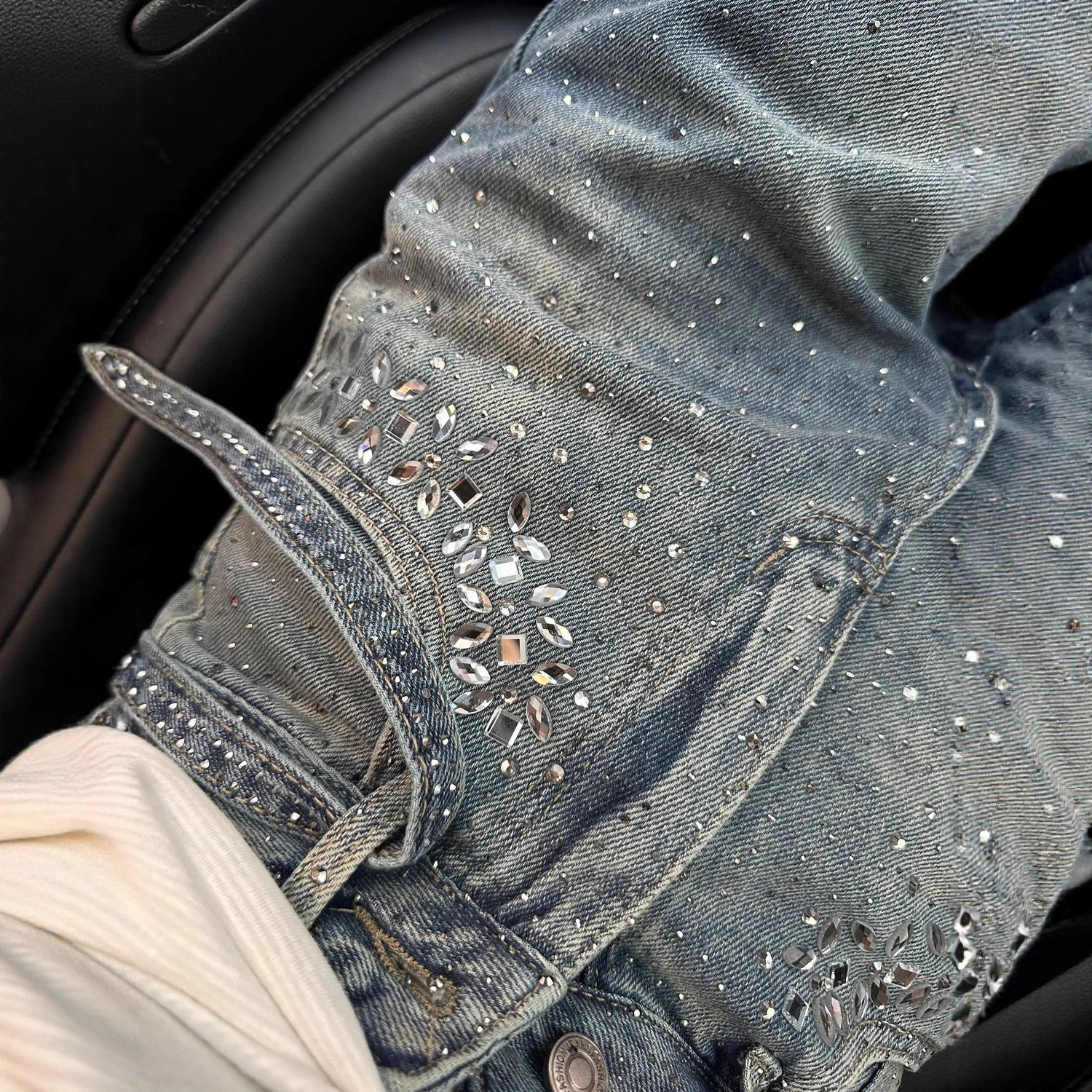 Women's High-Waisted Straight Leg Jeans Rhinestone Design Blue with Belt S M L XL XXL_voghion.com