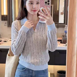 秋冬韩系POLO领长袖针织衫女翻领显瘦减龄设计感时尚上衣女装批发