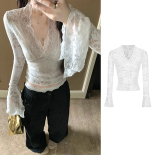 Sexy Collar Slimming Lace Shirt with Tight Waist