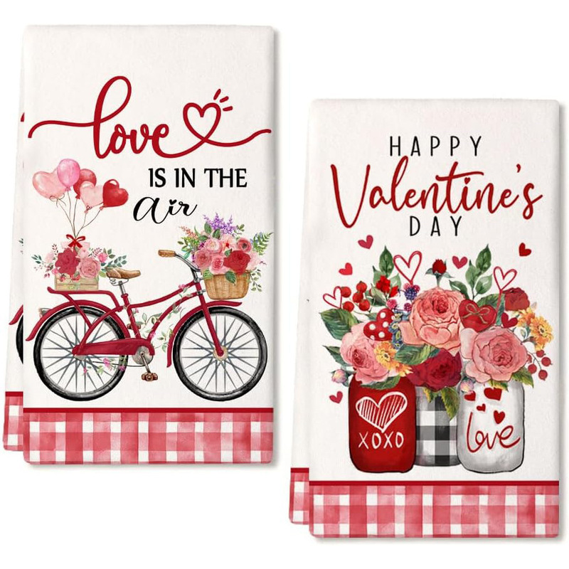 Valentine's Day kitchen towel pink vase happy Valentine's Day dish towel drying rag farmhouse home decoration Valentine's Day kitchen towel pink vase happy Valentine's Day dish towel drying rag farmhouse home decoration