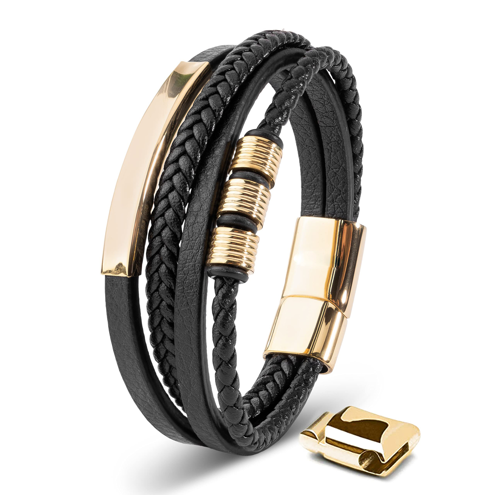 304 Stainless Steel, Pu Leather Material Punk Streetwear Geometric 304 Stainless Steel Pu Leather Men's Wristband Men Cord & Leather Bracelets