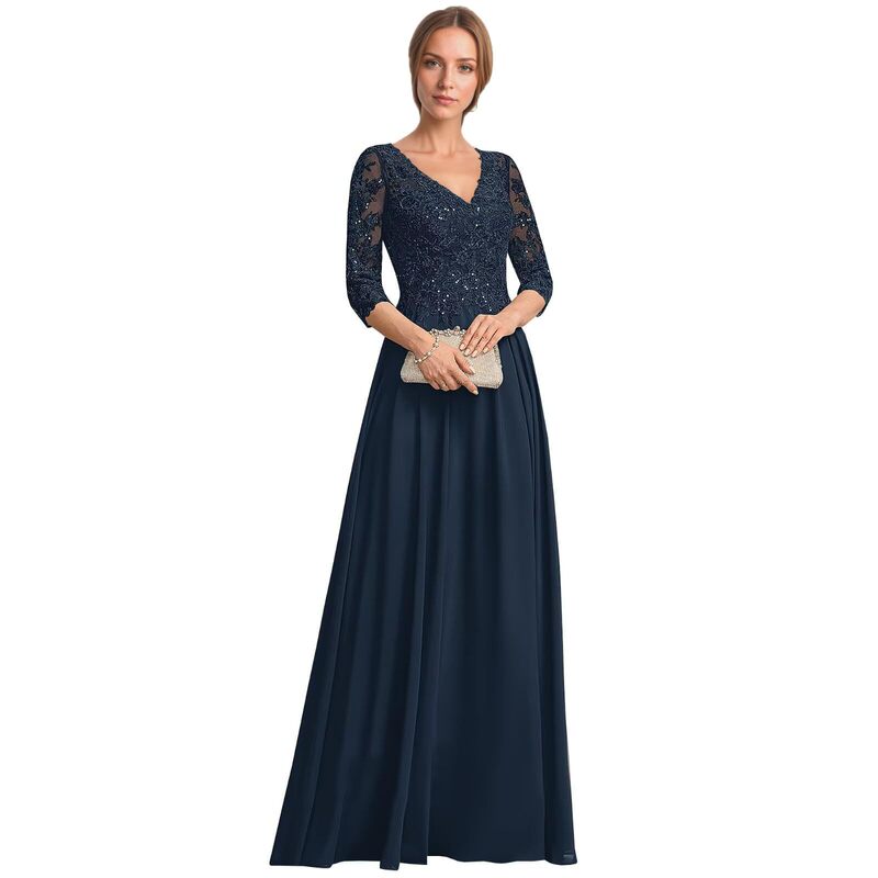 Elegant Beaded Evening Gown, Long Style for Mothers, Wedding Banquet Dress, Navy Chiffon Formal Long Dress, European and American Style, V-Neck, Three-Quarter Sleeves