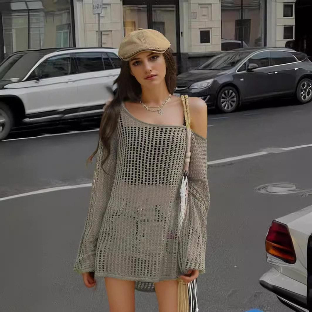 Camisa de Punto de Protección Solar para Mujer de Acrílico con Diseño Calado para Primavera y Verano