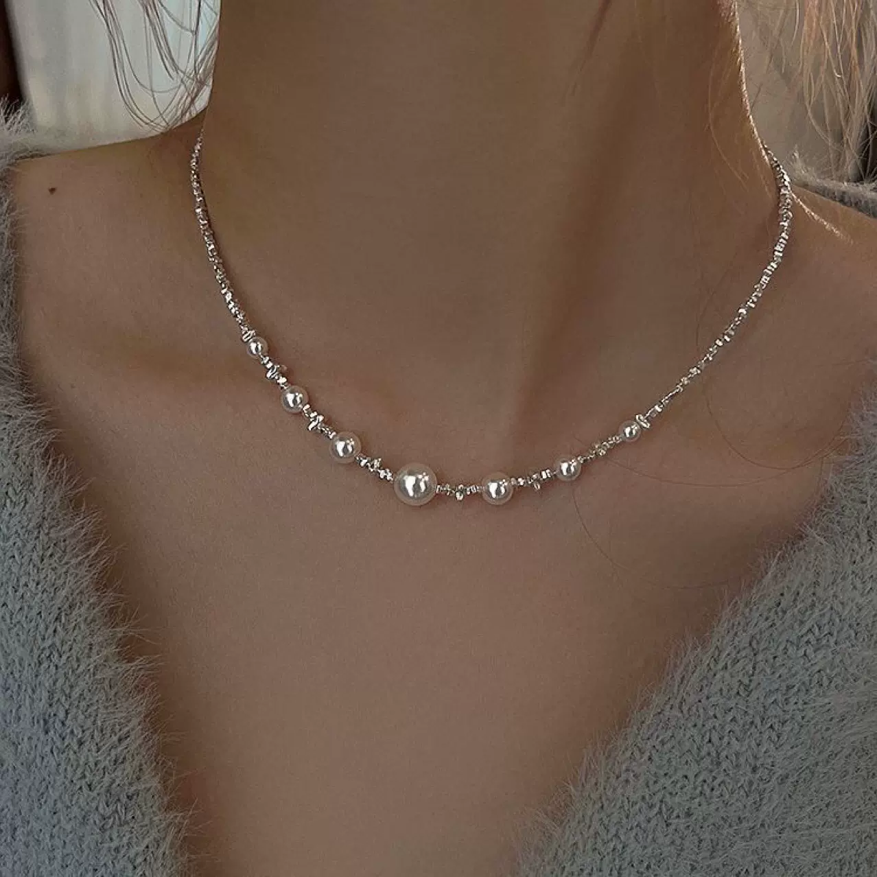 路路通珍珠项链女高级碎银锁骨链ins小众设计生日礼物送女友镀银