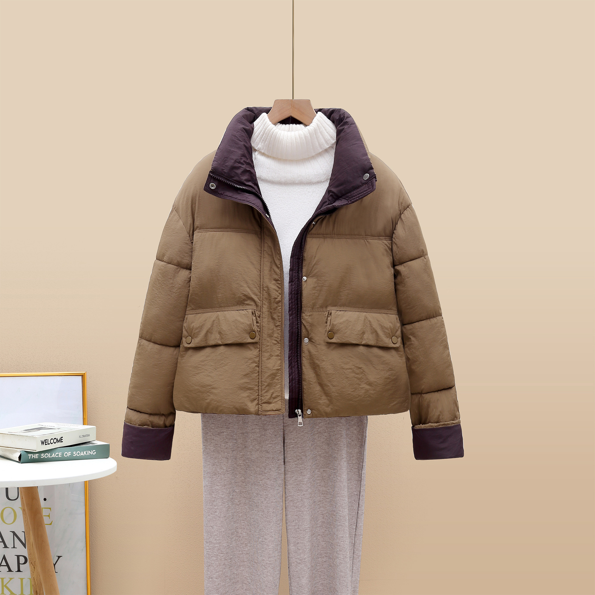 2025 otoño y invierno de mujer corto chaqueta de pan pequeño estilo coreano engrosado abrigo de cuello suelto de color combinado image 4