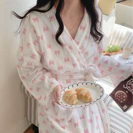 韩国ins女士秋冬新品韩版舒适蝴蝶结毛绒慵懒风睡袍家居服睡衣女