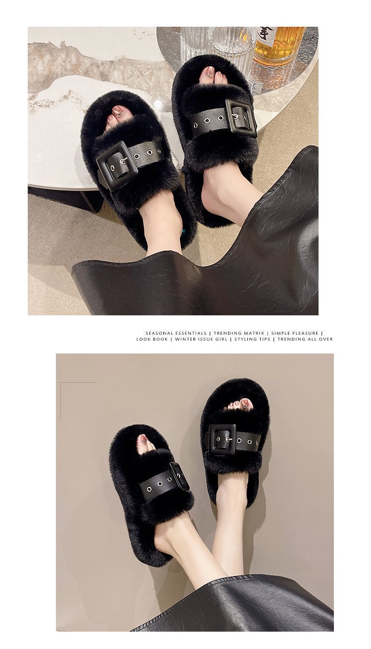Pelzige Hausschuhe für Damenoberbekleidung, schwangere Frauen, große Hausschuhe mit dicken Sohlen, Gürtelschnalle, Plüsch, Ein-Wort-Baumwollhausschuhe_voghion.com